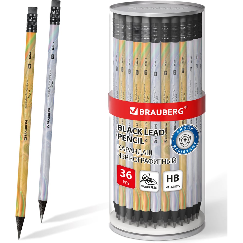 Карандаш чернографитный BRAUBERG SILVER/GOLD, HB, комплект 36 шт., с ластиком, корпус ассорти 182011