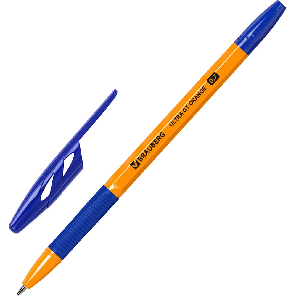 Ручки шариковые BRAUBERG с грипом ULTRA GT ORANGE, набор 8 шт., синие, линия письма 0.35 мм 144530