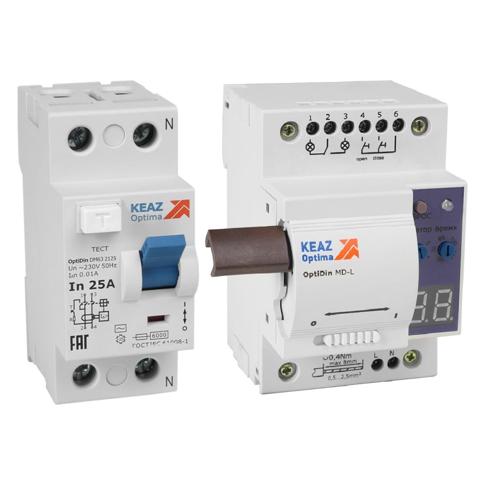 Моторпривод КЭАЗ OptiDin MD-L-УХЛ4 + ВДТ без защиты от сверхтоков OptiDin DM63-2225-A-УХЛ4 (2P, 25, 30mA) 361842
