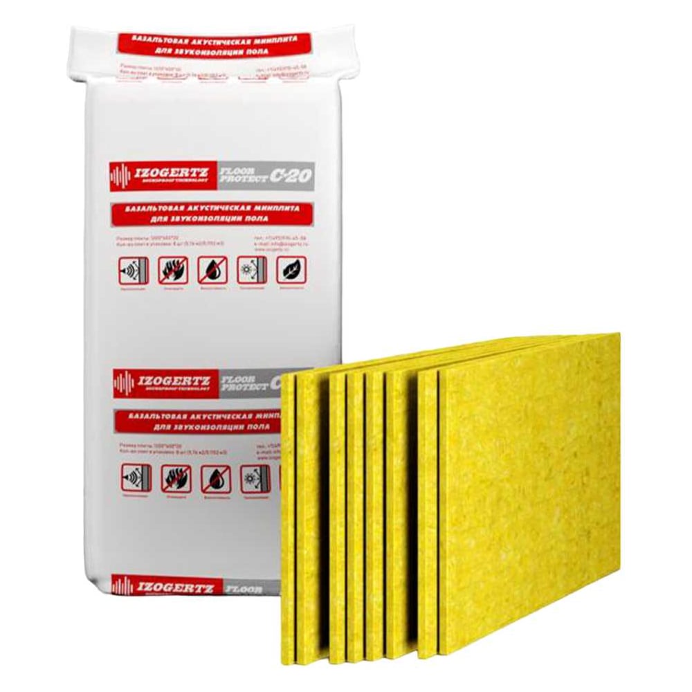 Шумопоглощающая минплита IZOGERTZ Floor Protect С-20 (1200x600x20мм) в уп. 8шт. 5,76 м2. пл.90±10 кг/м3 3117001037
