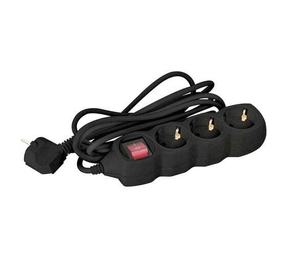 Изображение товара Удлинитель SONNEN U-133GS, 3 розетки, c заземлением, выключатель, 10А, длина 5 м, черный, 513267