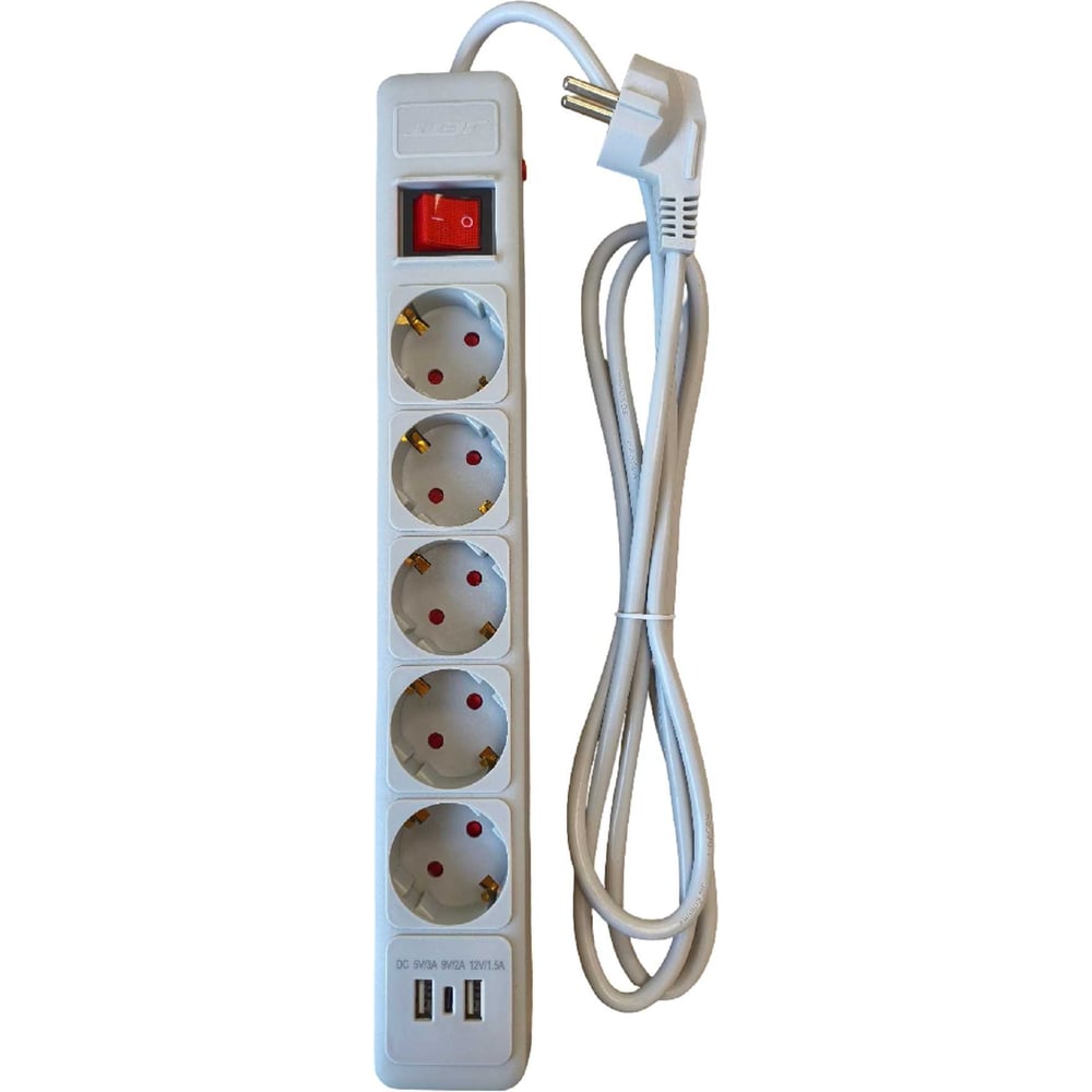 Фильтр JETT 5 розеток+2USB+TYPE C 2.0 (быстрая зарядка), серый 4,7м 16А/3,5кВт (медный провод) 171-605