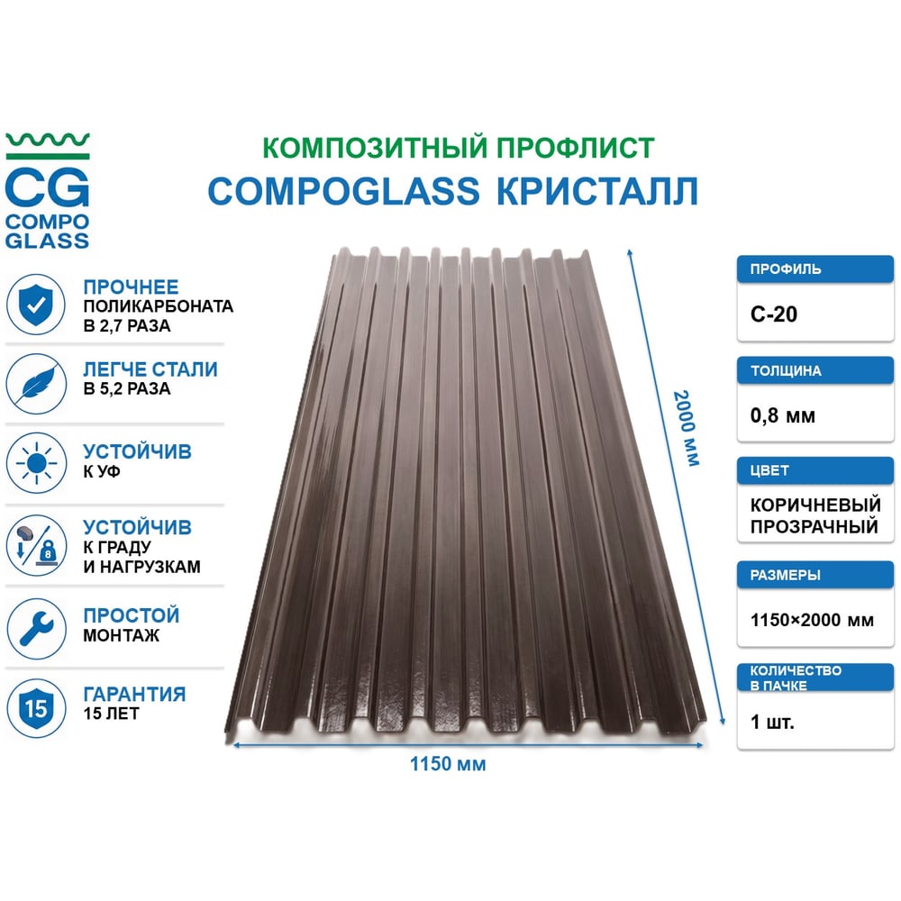 Изображение товара Композитный лист COMPOGLASS КРИСТАЛЛ трапеция С-20, прозрачный, коричневый, глянцевый, 0,8 мм, 1150х2000 мм CG-00010760 Изображение товара Композитный лист COMPOGLASS КРИСТАЛЛ трапеция С-20, прозрачный, коричневый, глянцевый, 0,8 мм, 1150х2000 мм CG-00010760