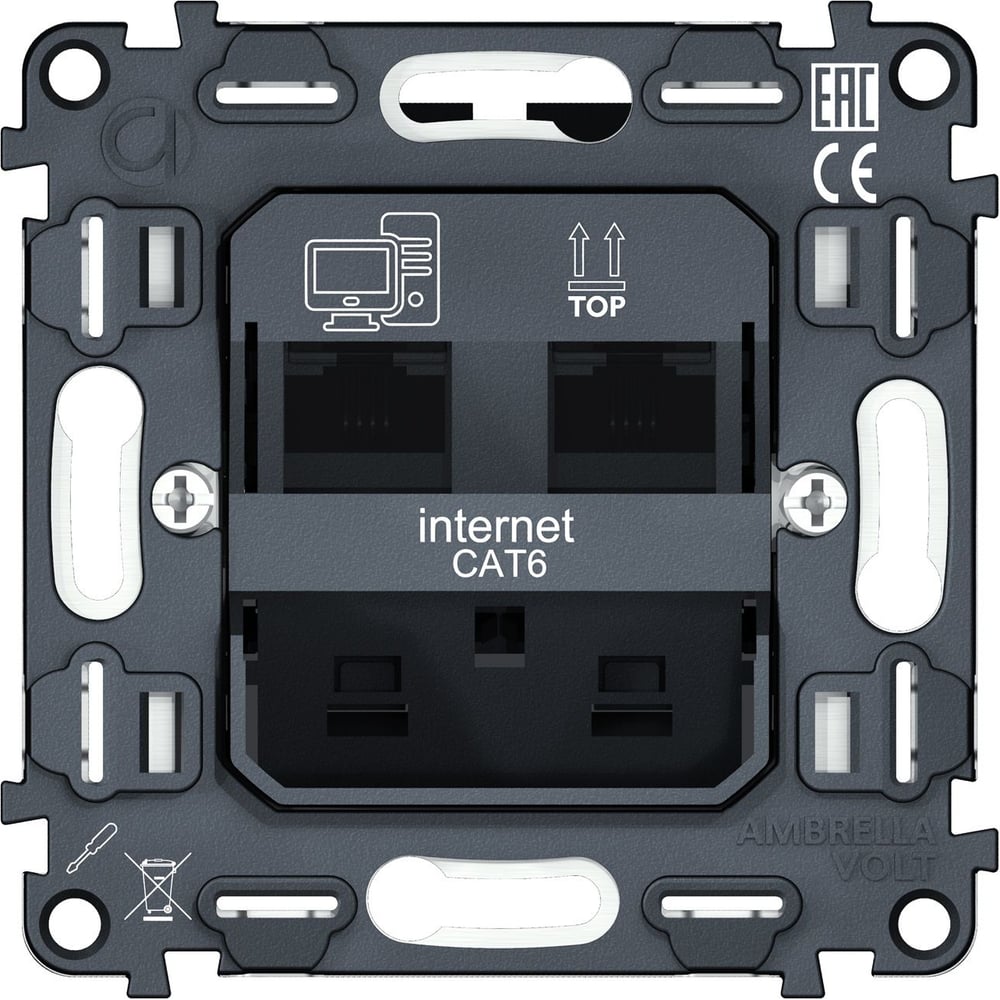 Изображение товара Механизм компьютерной двойной розетки Ambrella VOLT RJ-45 (8P8C) CAT6 1000 Base-T с автоматической защитной шторкой VM189 Изображение товара Механизм компьютерной двойной розетки Ambrella VOLT RJ-45 (8P8C) CAT6 1000 Base-T с автоматической защитной шторкой VM189
