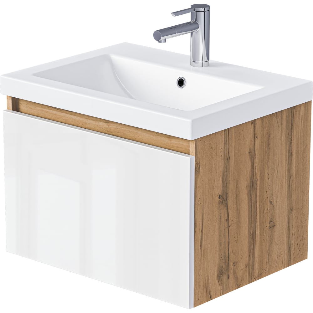 Тумба 1Marka БЛОК МИНИ/Aris mini 60П, 600×440×450 мм, 1 ящик, дуб вотан/белый глянец, раковина Ц0000043060