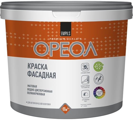 Изображение товара Водно-дисперсионная фасадная краска Ореол (атмосферостойкая; полиакриловая; база А; 9 л; 12.96 кг) 67265