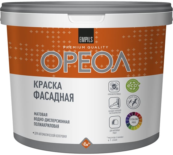 Изображение товара Водно-дисперсионная фасадная краска Ореол (атмосферостойкая; полиакриловая; база А; 4.5 л; 6.48 кг) 67264