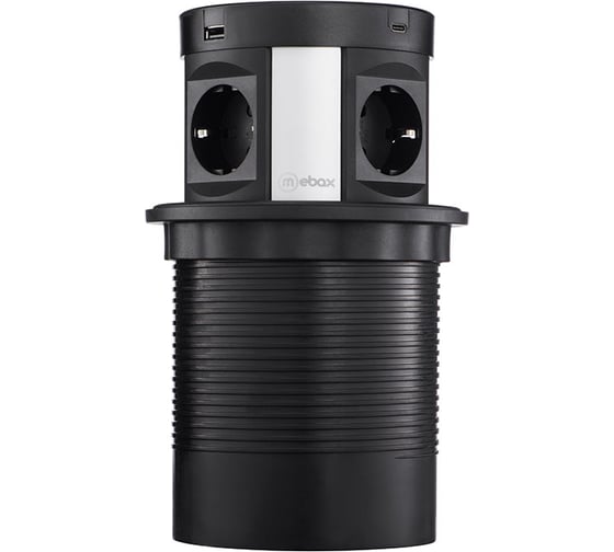 Изображение товара Выдвижная встраиваемая розетка Mebax 107J 4 секции Серебро+Черный Полуавтоматический d=120мм 2 USB А + 2 USB C 00-00001464