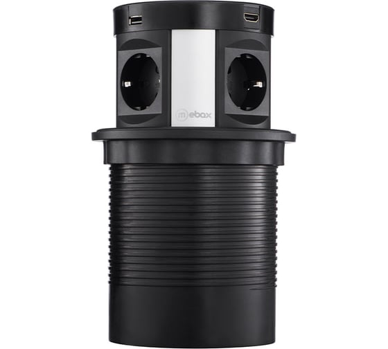 Изображение товара Выдвижная встраиваемая розетка Mebax 107J 4 секции Серебро+Черный Полуавтоматический d=120мм 2 USB + 2 HDMI 00-00001465