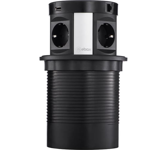 Изображение товара Выдвижная встраиваемая розетка Mebax 107J 4 секции Серебро+Черный Полуавтоматический d=120мм 2 USB + 2 RJ-45 00-00001466