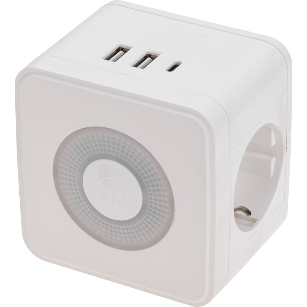 Двойник электрический REXANT Куб 16А с/з, 2 разъема USB-A 2,4А, 1 разъем USB-C 3А, с ночной подсветкой, белый 11-1251