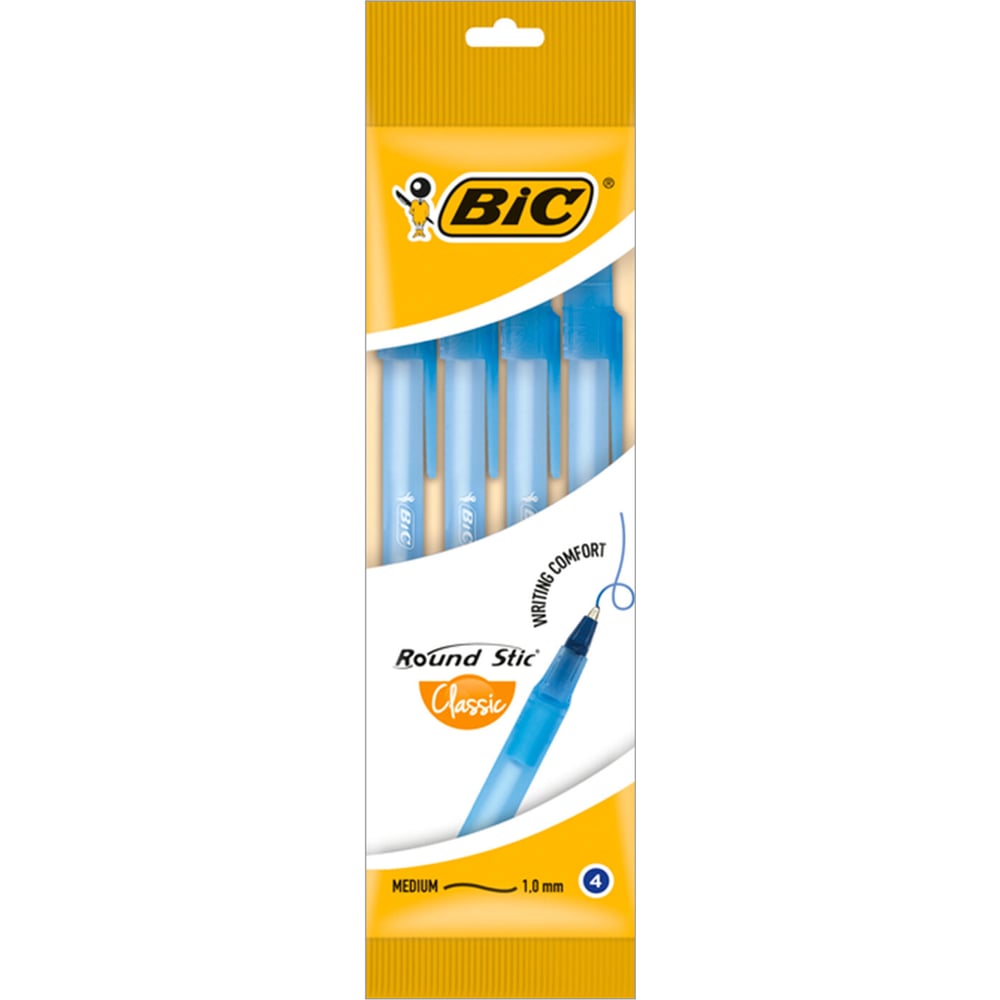 Ручки шариковые BIC Round Stic, набор 4 шт., синие, узел 1 мм, линия 0,32 мм, пакет, 944176, 143975