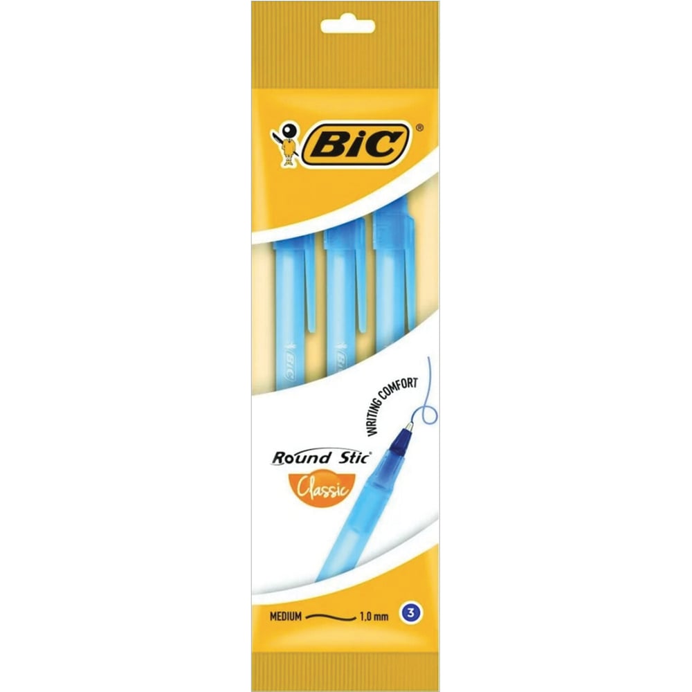 Ручки шариковые BIC Round Stic, набор 3 шт., синие, узел 1 мм, линия письма 0,32 мм, пакет, 9021522, 143984
