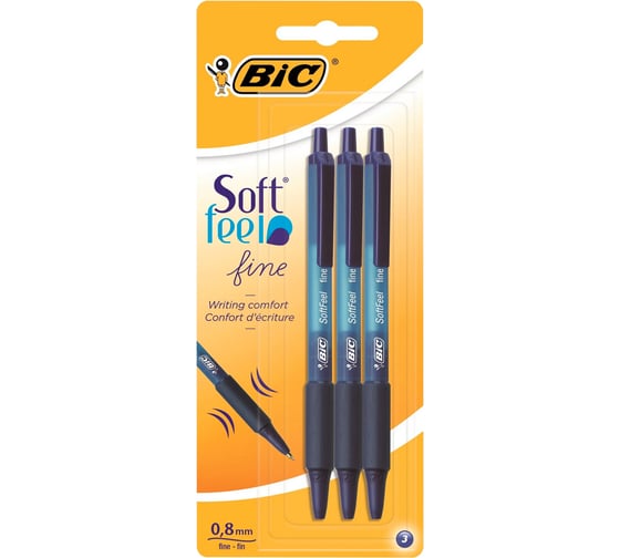 Изображение товара Ручки шариковые автоматические с грипом BIC Soft Feel Fine, набор 3 шт., линия 0,8 мм, блистер, 893221, 143983