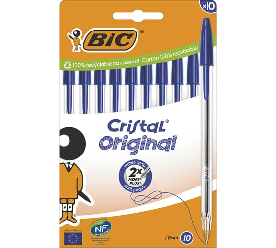 Изображение товара Ручки шариковые BIC Cristal Original, набор 10 шт., синие, узел 1 мм, линия 0,32 мм, пакет, 830863, 143972