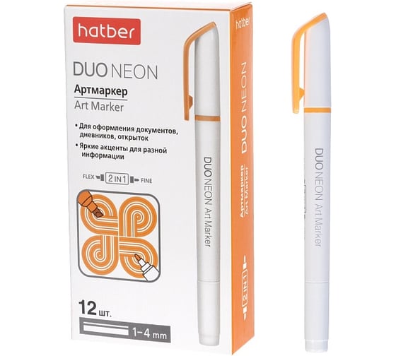 Изображение товара Артмаркер Hatber Duo NEON, двусторонний, 1 мм/4 мм, оранжевый, 12 шт 088700