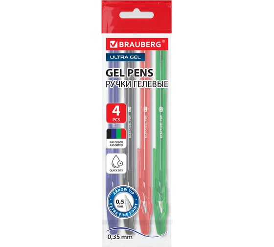 Изображение товара Ручки гелевые BRAUBERG ULTRA GEL, НАБОР 4 ЦВЕТА, узел 0,5мм, линия письма 0,35мм 144269