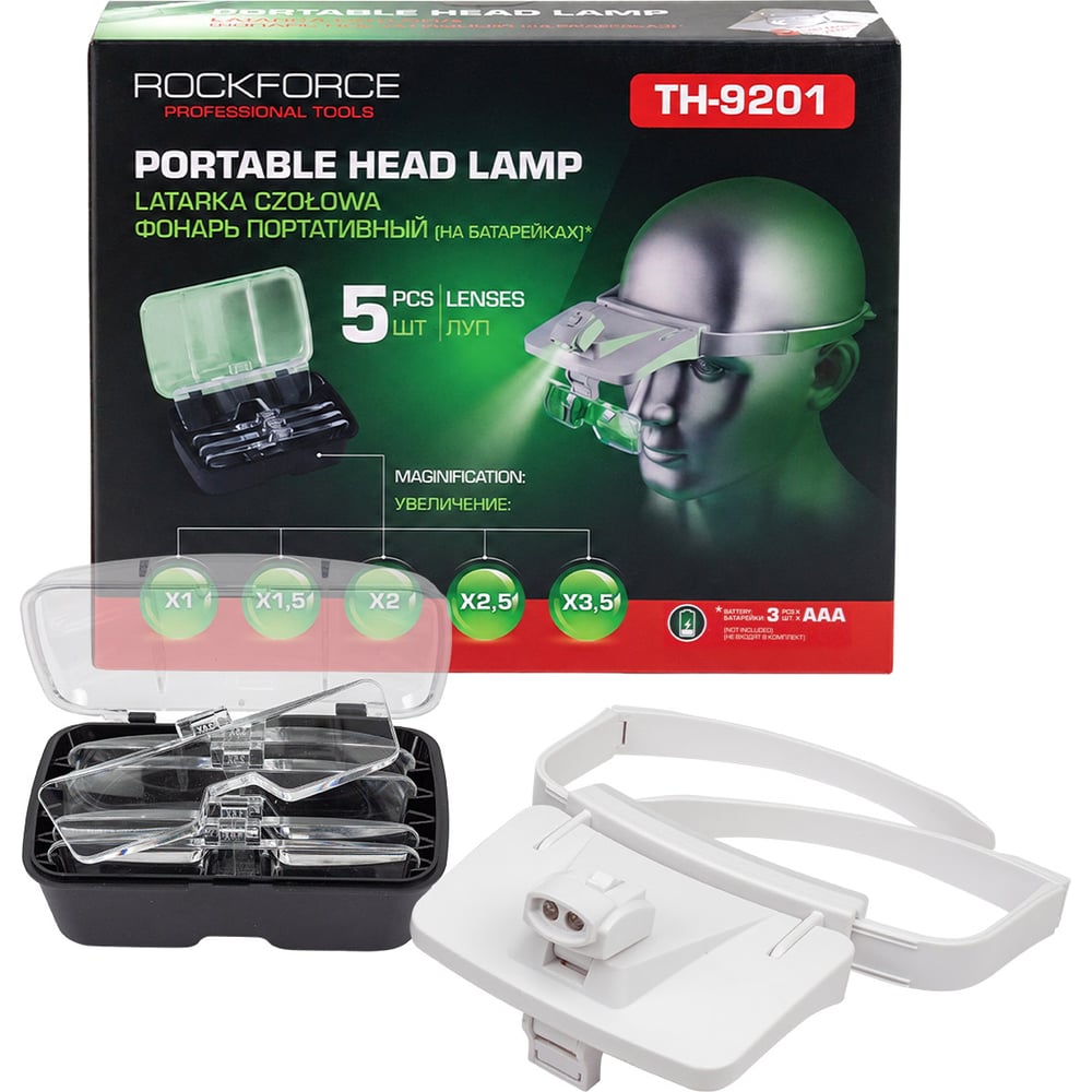 Лупа налобная увеличительная Rockforce оптический прибор с LED‑подсветкой в комплекте 5 сменных линз RF-TH-9201(67302)