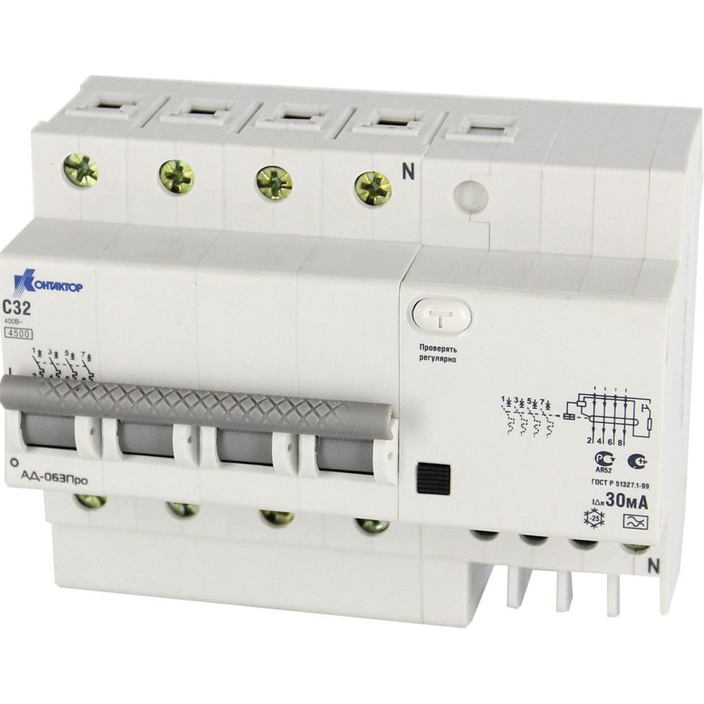 Дифференциальный автомат Контактор АД-063 4P 10А Idn-300mA тип А 7000660