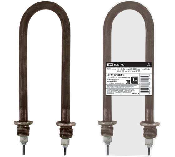 Изображение товара ТЭН-45 TDM ELECTRIC 12, 1,6кВт, вода J, 220В, штуцер G1/2, R30, Ф2, нержавеющая сталь SQ2512-0013