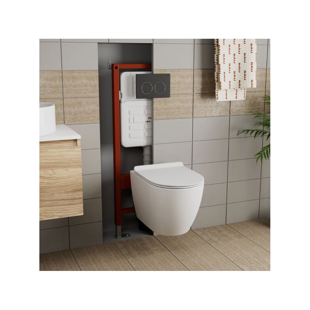Комплект Bauedge BAU 6 в 1: инсталляция BAU PRO для подвесного унитаза, унитаз подвесной безободковый торнадо обратного потока Bau Dream 52х36 Hurricane-5, сиденье быстросъемное микролифт, клавиша BAU Round, черная матовая E458103-BL0001-HQ5-E00115