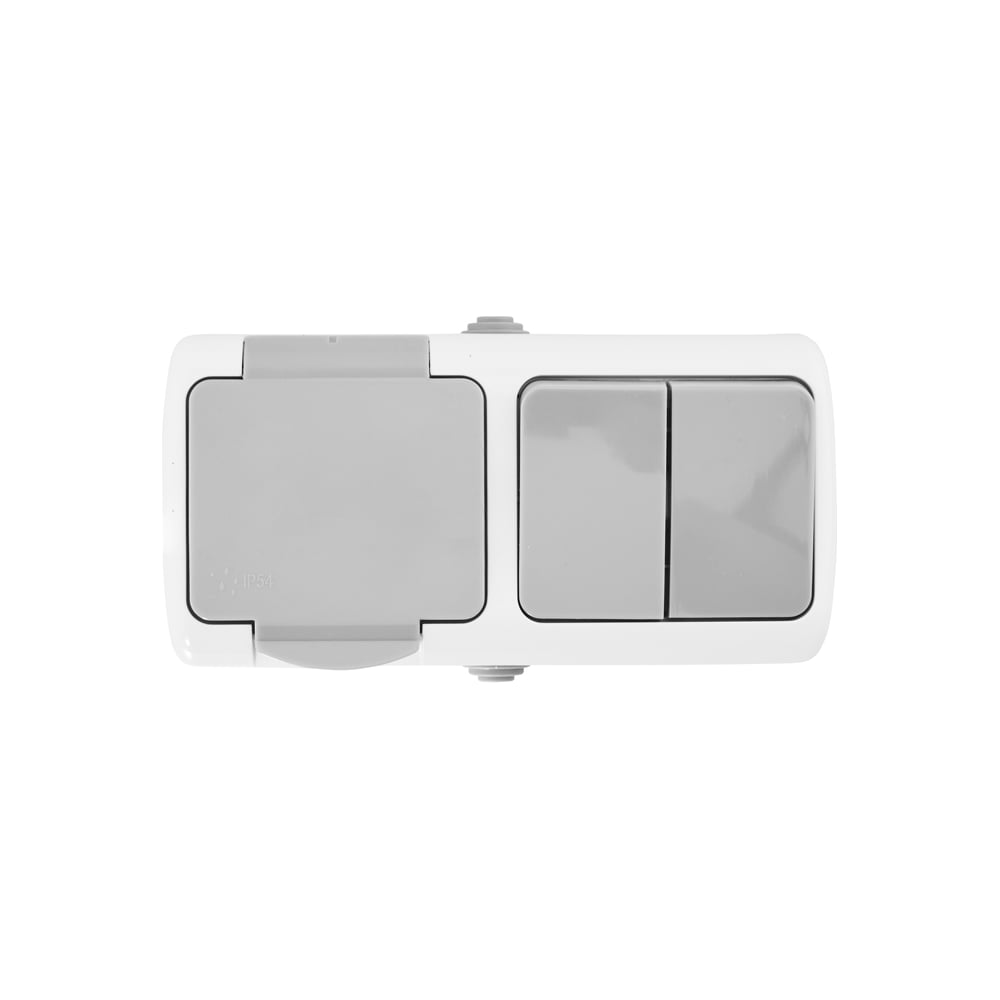 Изображение товара Блок горизонтальный General Lighting Systems IP54 2-клавишный + розетка 2П, бело-серый Изображение товара Блок горизонтальный General Lighting Systems IP54 2-клавишный + розетка 2П, бело-серый