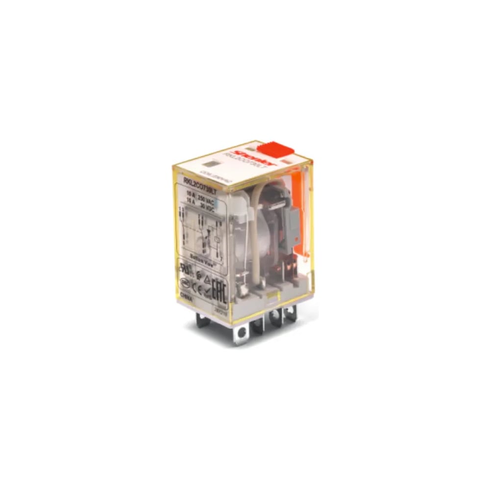 Реле SHENLER НТК Приборэнерго 2CO, 10A, (250VAC/30VDC), 24VDC, мех. индикация, тест-кнопка с блокировкой, диод -A1/+A2, LED RKL2CO024LTD