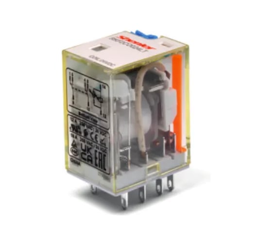 Изображение товара Реле Shenler НТК Приборэнерго, 4CO, 6A(250VAC/30VDC), 24VDC, AgSnO2/Au, мех. индикация, тест-кнопка с блокировкой, LED, диод +A1/-A2 RKF4CO024LTD1A