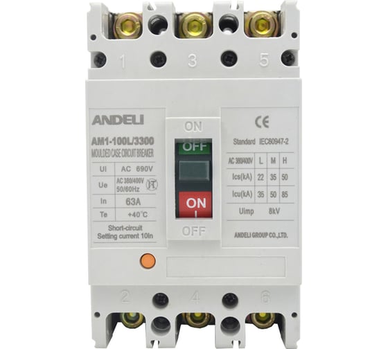 Изображение товара Автоматический выключатель ANDELI AM1-100L/3P 63A 30KA  ADL06-016