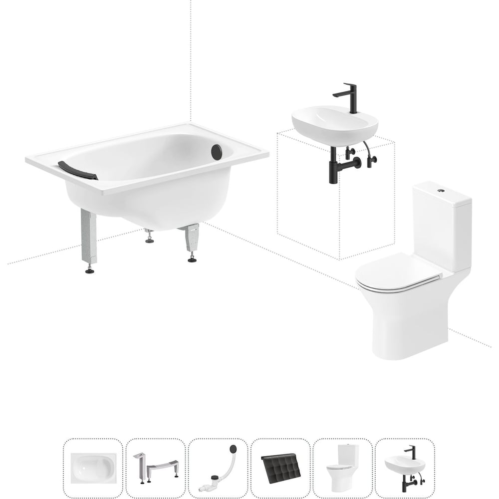 Изображение товара Комплект 6 в 1 Sanitana BLB Europa Mini стальная ванна 105x70 с напольным унитазом и раковиной 20220555R