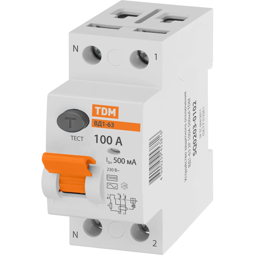 Изображение товара УЗО TDM ELECTRIC ВД1-63 2Р 100А 500мА для установки на DIN-рейку