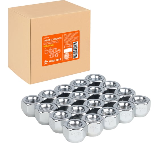 Изображение товара Гайка колесная AIRLINE M12x1.25x16, конус, ключ 21, открытая, хром для а/м Nissan/Renault (20 шт) ASCR108