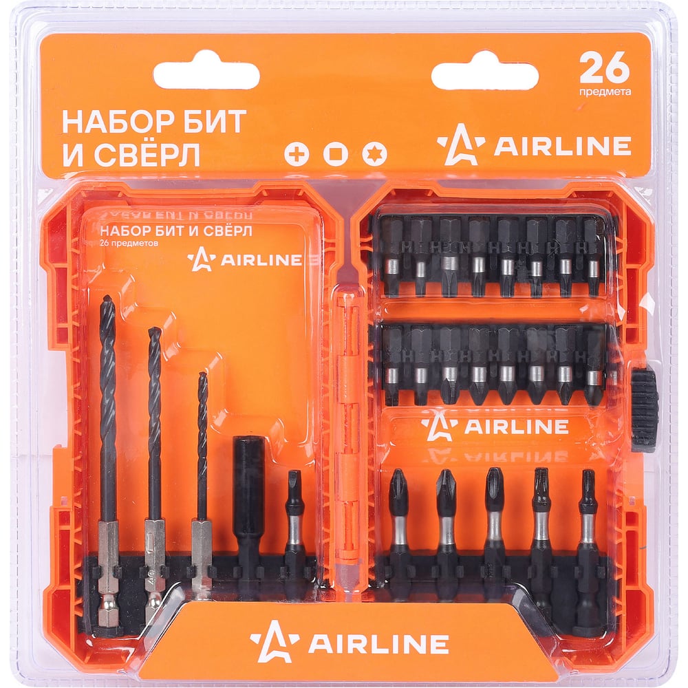 Набор бит и сверл AIRLINE 26пр. (PH, TORX, SQURE), пласт. кейс ATCA025