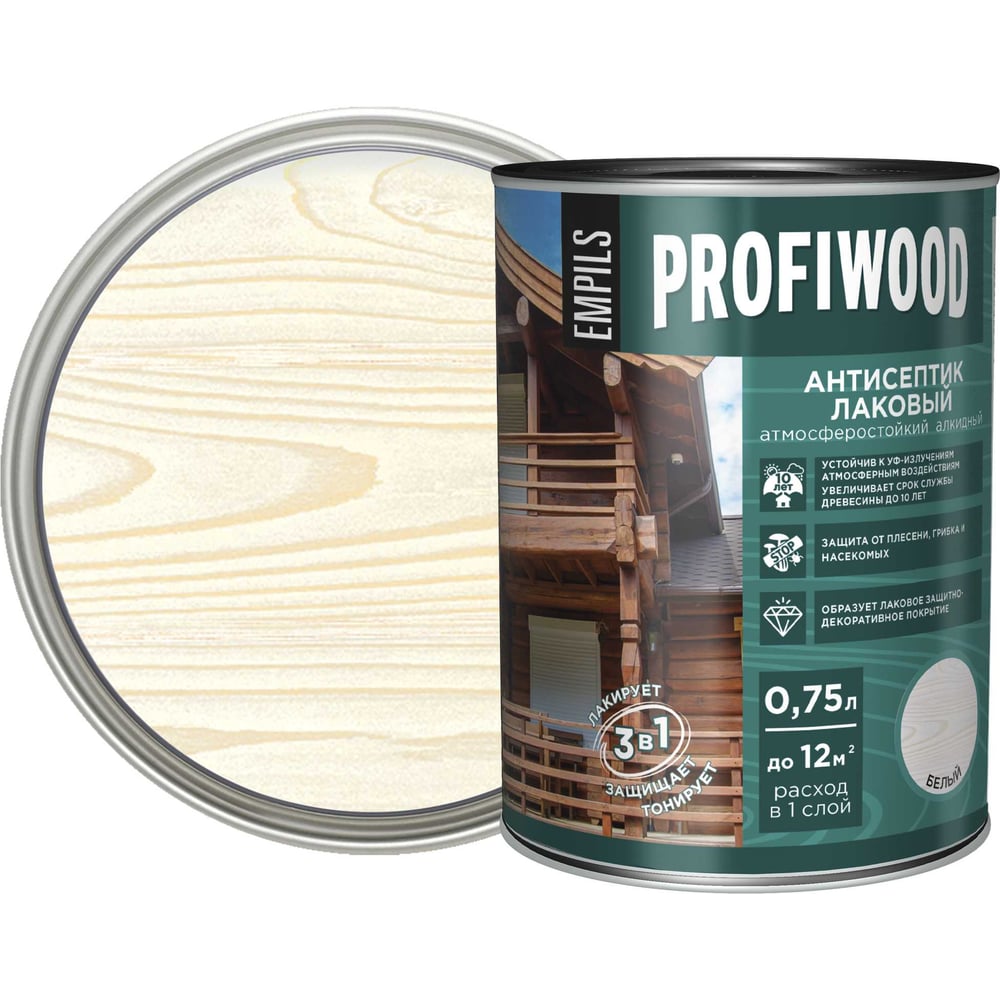 Изображение товара Алкидный антисептик PROFIWOOD (лаковый; тонирующий; атмосферостойкий; белый; 0.7 кг) 67012