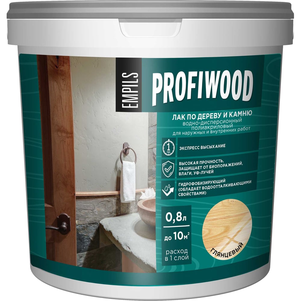 Изображение товара Водо-дисперсионный лак PROFIWOOD для дерева и камня 0.8 л глянцевый