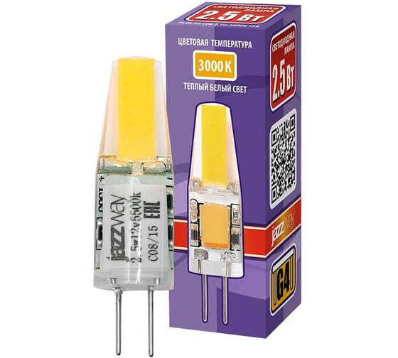 Изображение товара Светодиодная лампа Jazzway PLED-G4 COB 2.5Вт капсульная 3000К теплый белый G4 200лм 12В силикон d10х39мм 2855749