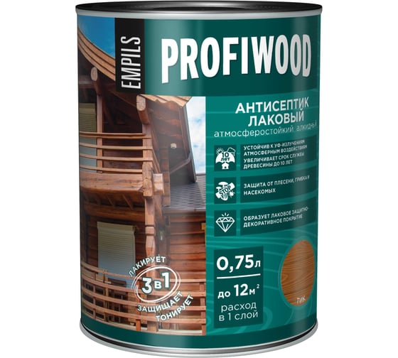 Изображение товара Алкидный антисептик PROFIWOOD (лаковый; тонирующий; атмосферостойкий; тик; 0.75 л; 0.7 кг) 67035