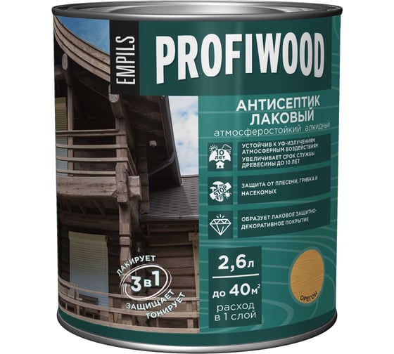 Изображение товара Алкидный антисептик PROFIWOOD (лаковый; тонирующий; атмосферостойкий; орегон; 2.6 л; 2.4 кг) 67024