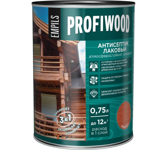 Изображение товара Алкидный антисептик PROFIWOOD (лаковый; тонирующий; атмосферостойкий; рябина; 0.75 л; 0.7 кг) 67038