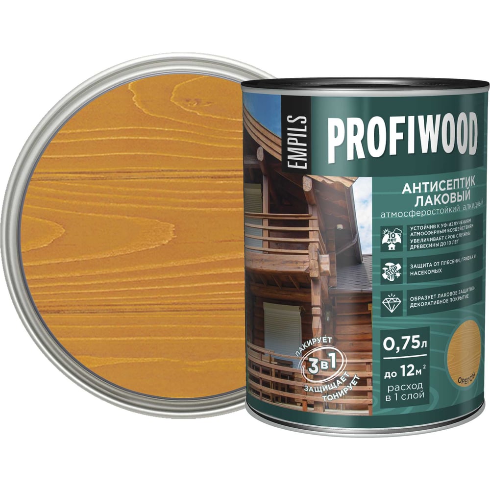 Изображение товара Алкидный антисептик PROFIWOOD (лаковый; тонирующий; атмосферостойкий; орегон; 0.75 л; 0.7 кг) 67023 Изображение товара Алкидный антисептик PROFIWOOD (лаковый; тонирующий; атмосферостойкий; орегон; 0.75 л; 0.7 кг) 67023