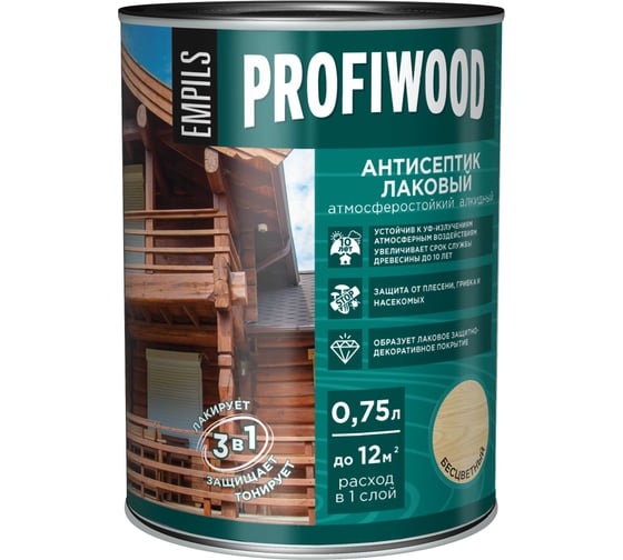 Изображение товара Алкидный антисептик PROFIWOOD (лаковый; тонирующий; атмосферостойкий; бесцветный; 0.75 л; 0.7 кг) 66992