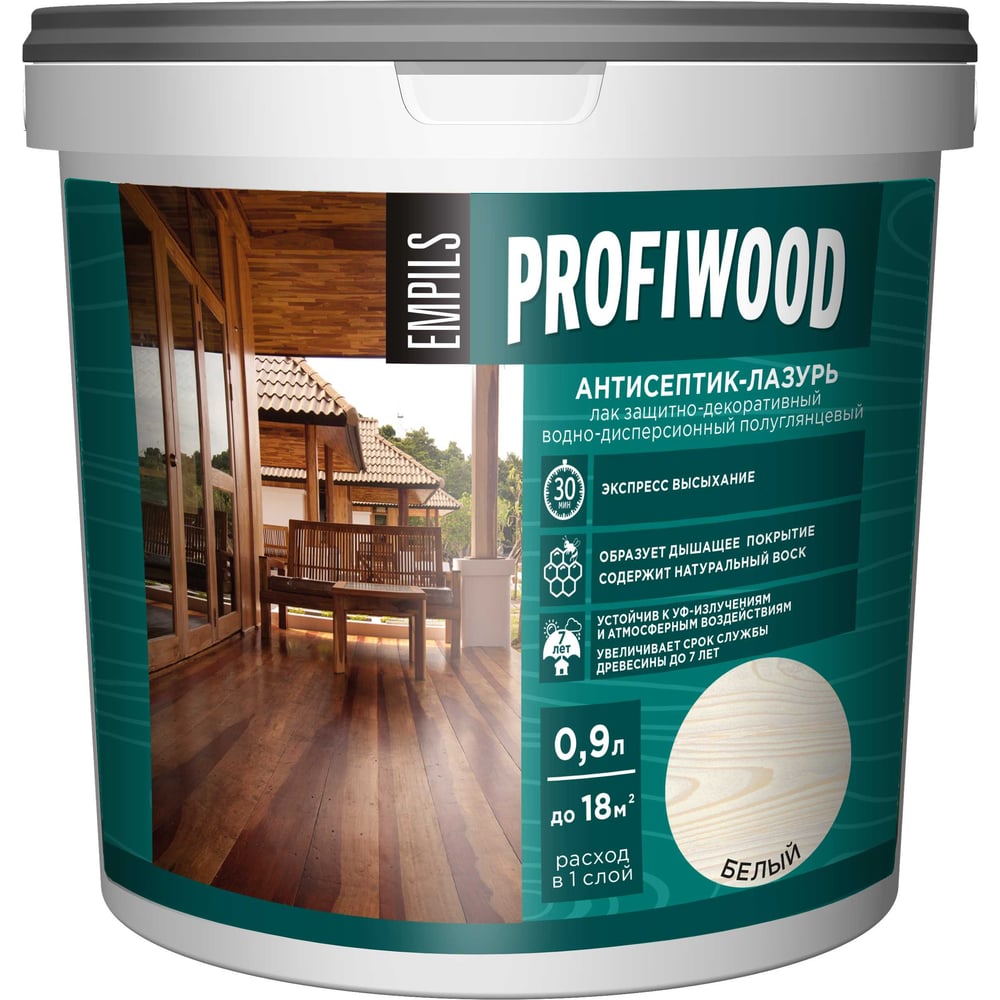 Изображение товара Водно-дисперсионный антисептик-лазурь PROFIWOOD (декоративный; атмосферостойкий; белый; 2.5 кг) 70021