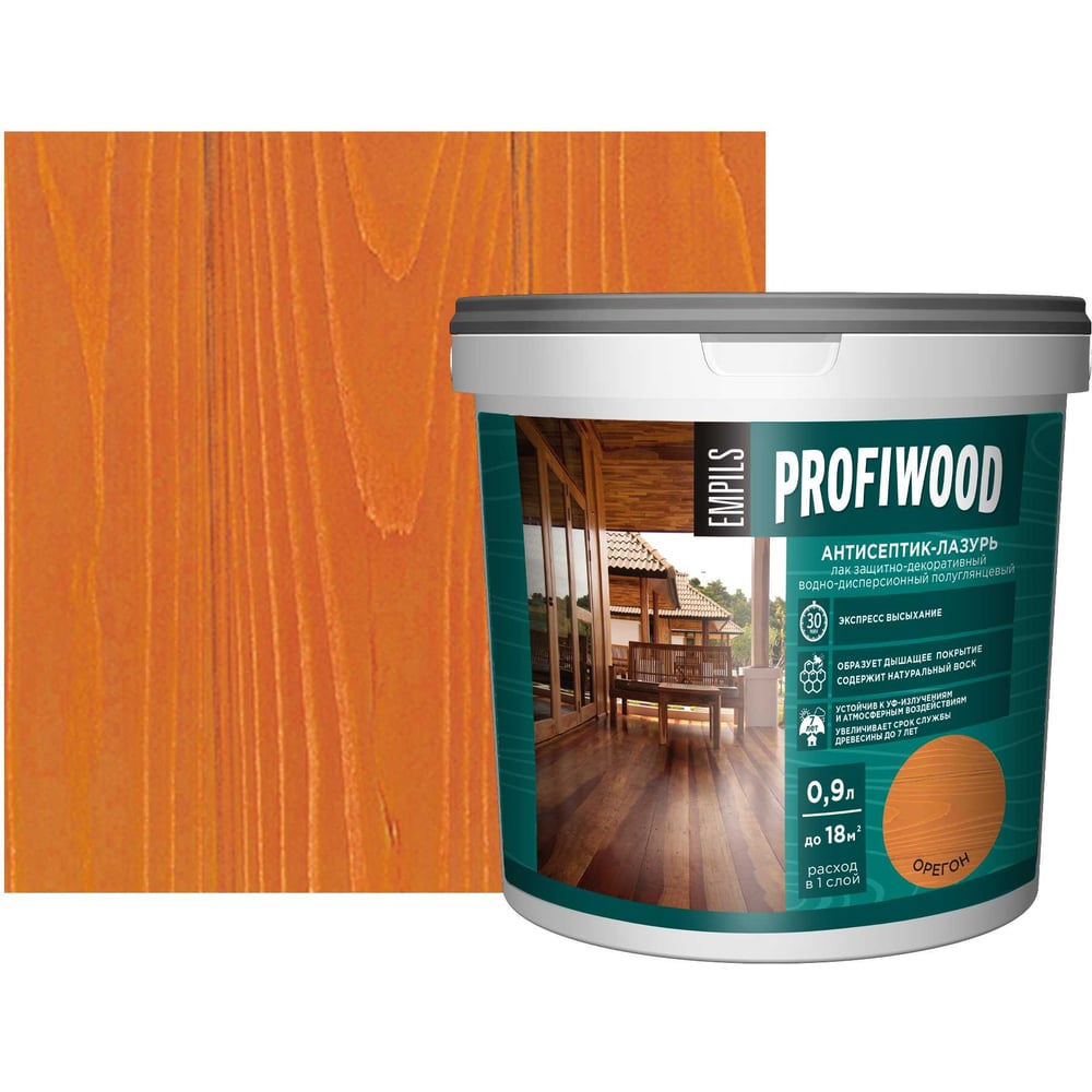Изображение товара Водно-дисперсионный антисептик-лазурь PROFIWOOD (декоративный; атмосферостойкий; орегон; 0.9 кг) 4013