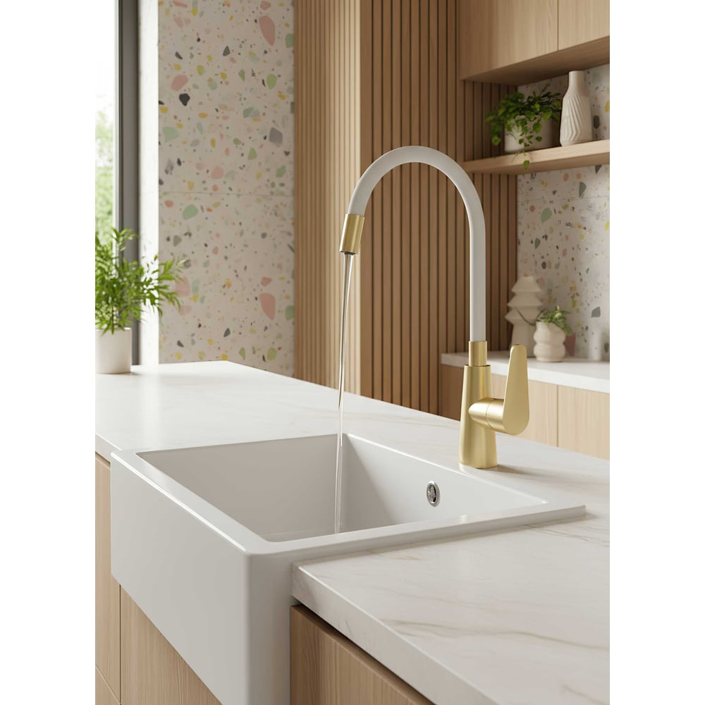 Смеситель для кухни ESKO Кухня/Kitchen, гибкий излив, золото/белый, K48GW