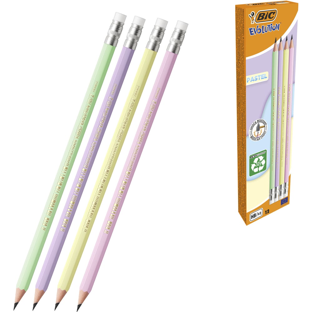 Карандаш чернографитный BIC Evolution Pastel HB, с ластиком, корпус ассорти, комплект 12 шт 182214