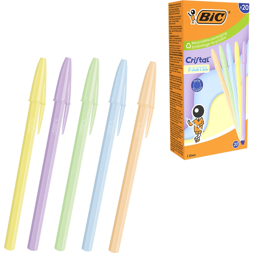 Ручка шариковая BIC Cristal Pastel синяя, 1.0 мм, линия 0.32 мм, корпус ассорти, комплект 20 шт 144773