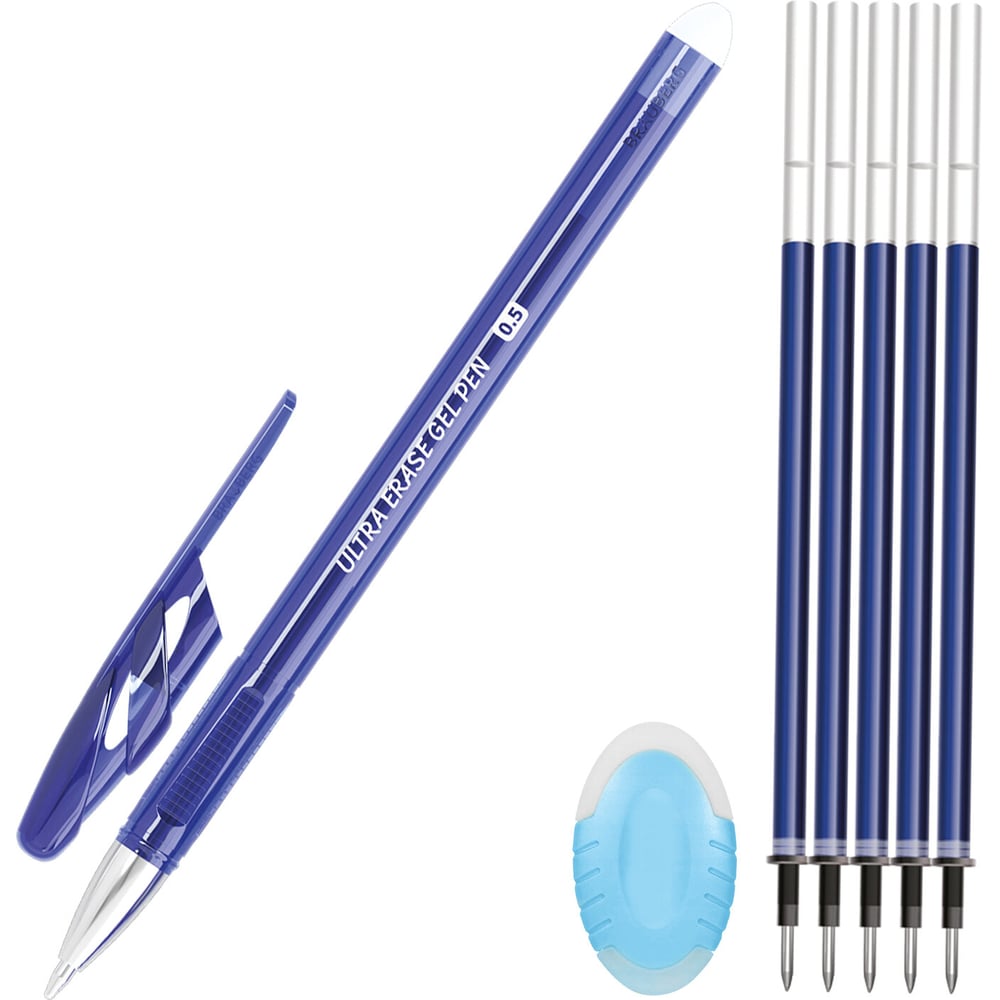 Изображение товара Ручка стираемая гелевая + 5 стержней + ластик BRAUBERG ULTRA ERASE, СИНЯЯ, линия 0,35 мм, 144277 Изображение товара Ручка стираемая гелевая + 5 стержней + ластик BRAUBERG ULTRA ERASE, СИНЯЯ, линия 0,35 мм, 144277