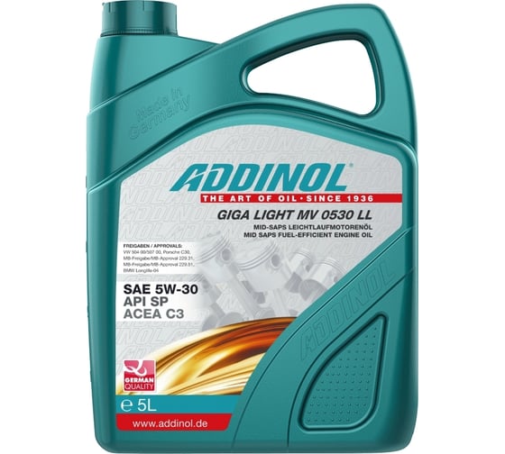 Изображение товара Моторное масло Addinol Giga Light MV 0530 LL синтетическое, 5W-30, 5 л 72098681