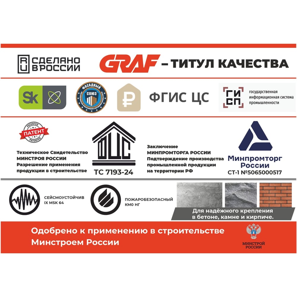 Клиновой анкер из нержавеющей стали А4 GRAF HSA-R 8x105 130 шт УТ-00002023