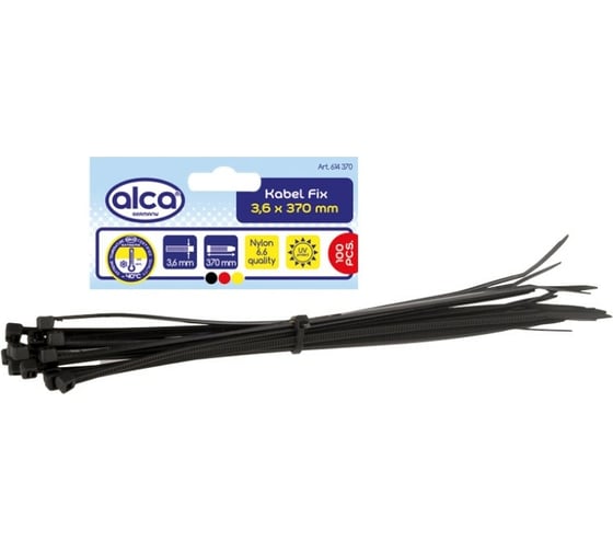 Изображение товара Пластиковая кабельная стяжка хомут Alca W-3.6, L-370, черная, 100 шт. 614370